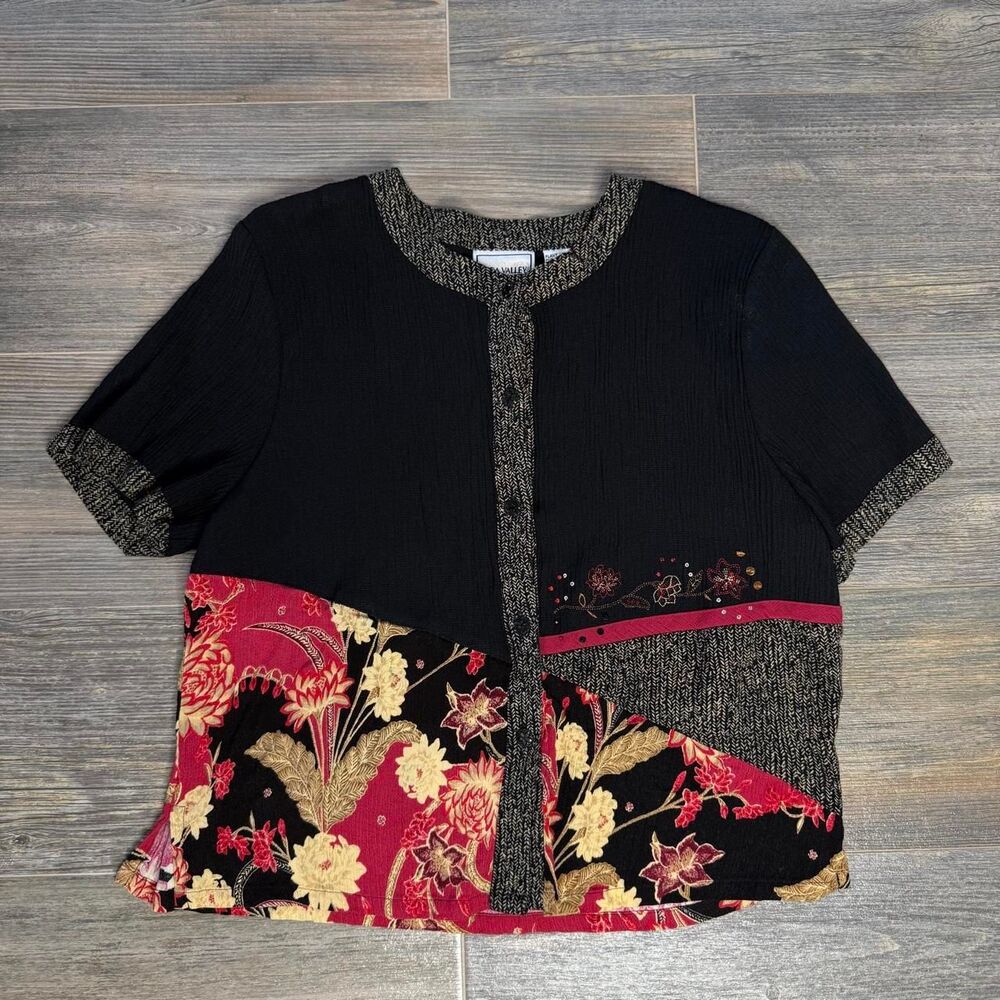 Vintage grandma artsy black red floral button up blouse